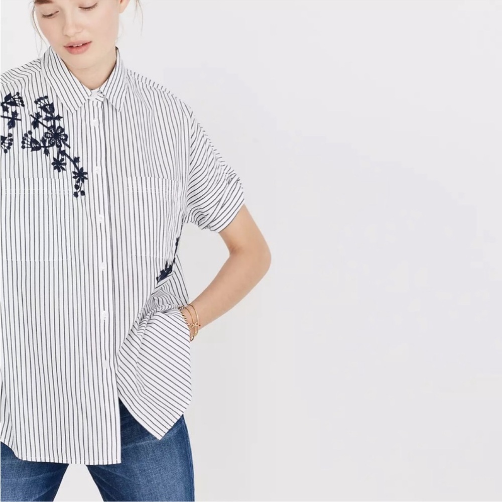 Madewell Navy Floral-Embroidered White Pinstripe Button-Up Top